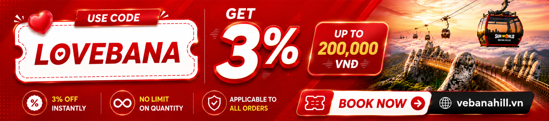 Ba Na Hills ticket discount banner in Da Nang with latest promotional prices from Vebanahill