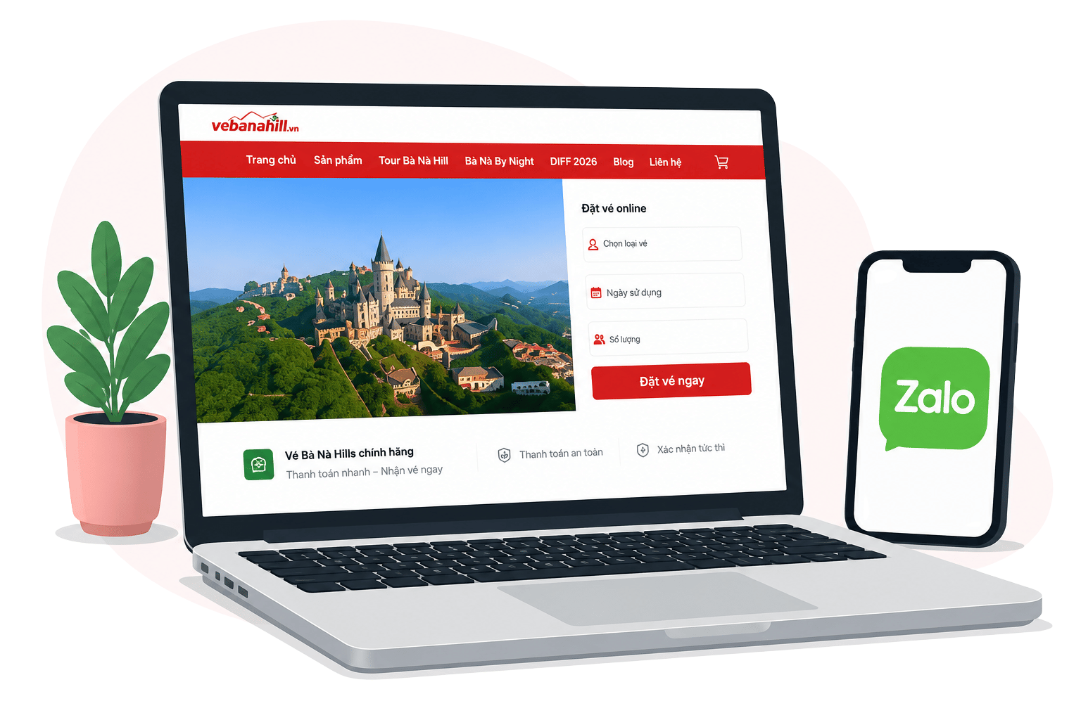 Laptop hiển thị trang đặt vé Bà Nà Hills và điện thoại Zalo