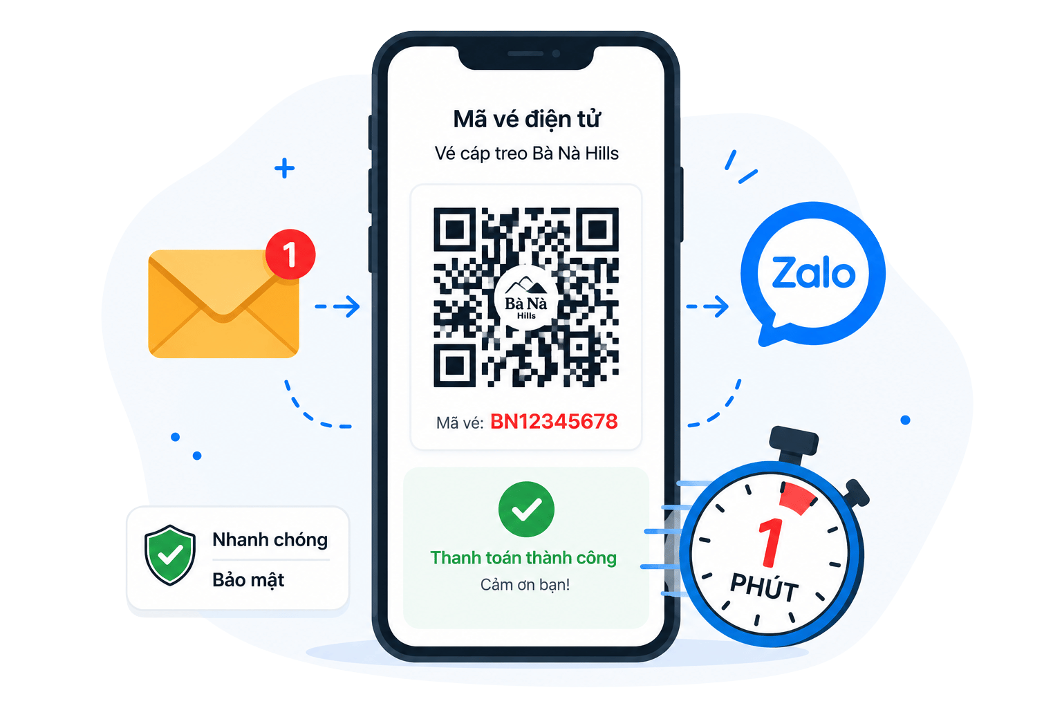 Điện thoại hiển thị vé QR Code cùng biểu tượng Zalo và email