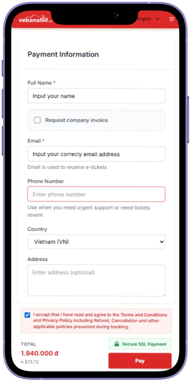 Nhập thông tin người đặt vé
